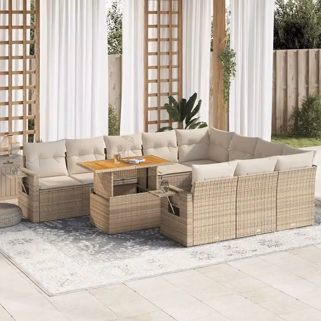 Set di divani da giardino a L con tavolo da caffè vidaXL, 11 pezzi in rattan con cuscini beige e struttura in acciaio e legno di acacia