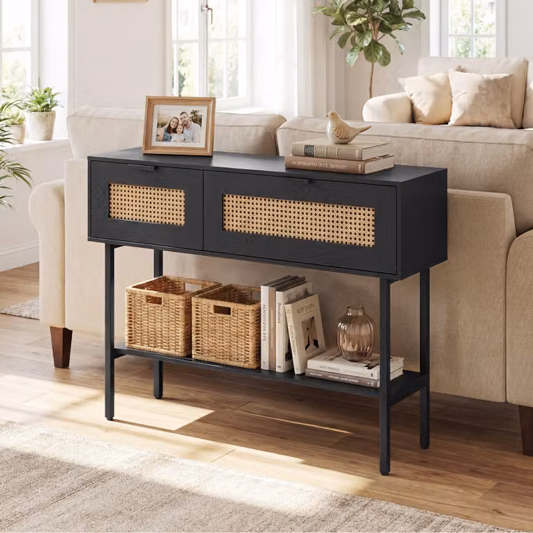 Consolle da ingresso moderna Costway con 2 ripiani e 2 scomparti in rattan PE, colore nero