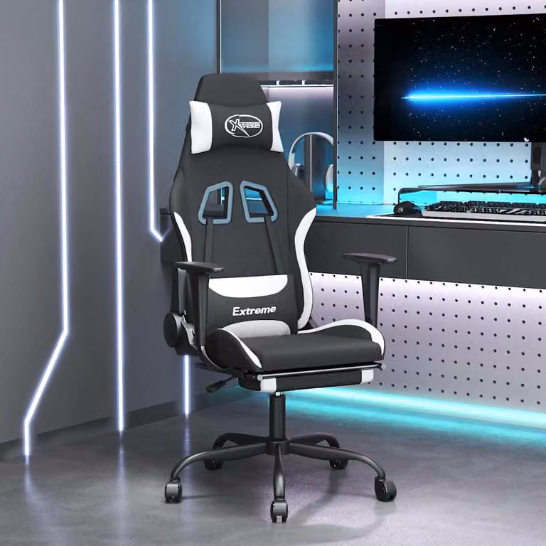 Sedia da Gaming vidaXL con Poggiapiedi, Tessuto, Nero e Bianco