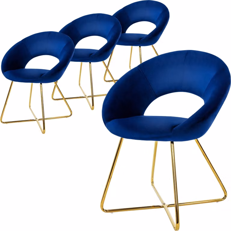ML-Design 4x sedia da pranzo con schienale rotondo, blu, in velluto, struttura in metallo
