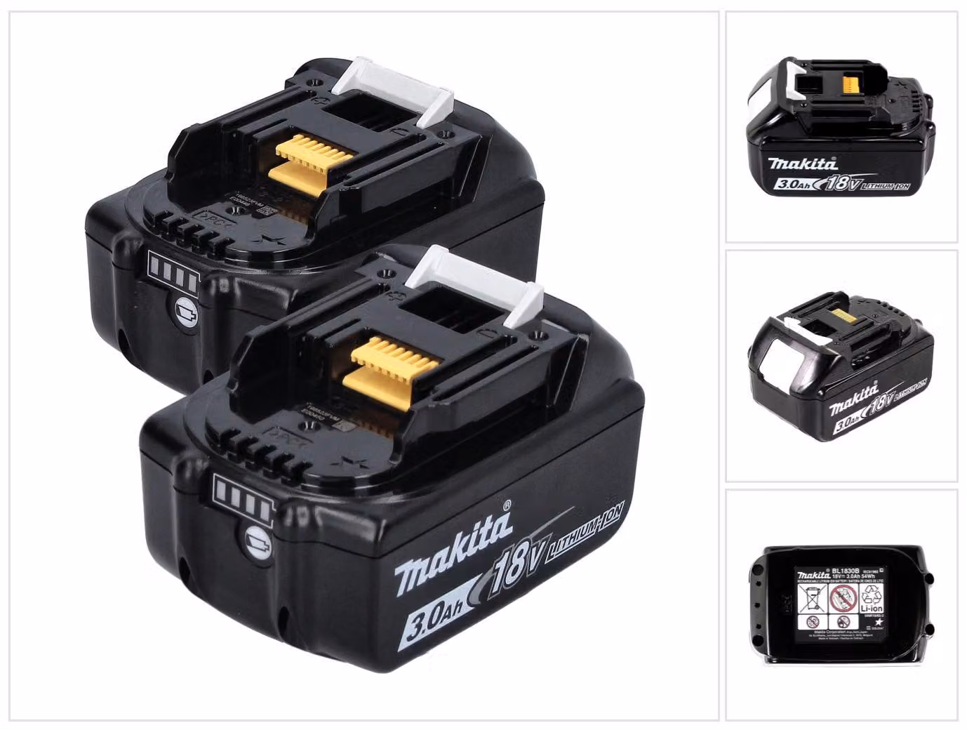 Makita BL 1830 B Set 2x Batterie 18 V 3,0 Ah / 3000 mAh ( 2x 197599-5 ) con indicatore LED - originale, no replica