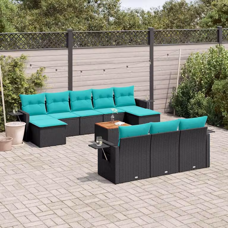Set di divani da giardino vidaXL in polyrattan nero con 11 pezzi e cuscini inclusi