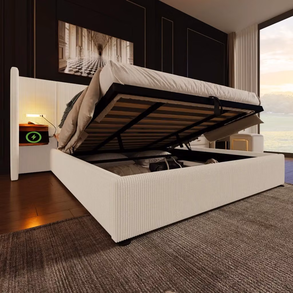Letto matrimoniale contenitore OKWISH in tessuto beige con ripiani, lampade da lettura integrate e porte di ricarica USB, L/P: 180 x 200 cm – 2