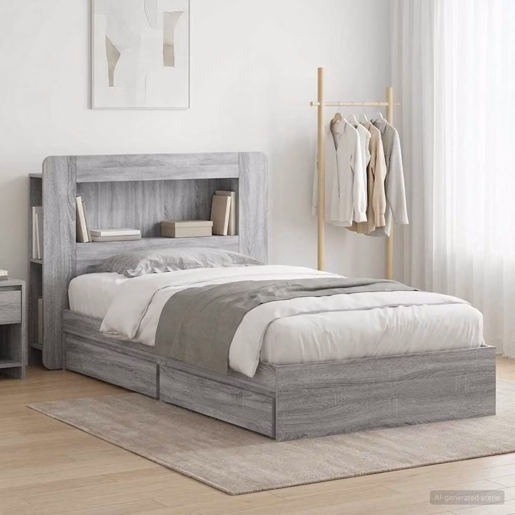 vidaXL Telaio del letto con cassetti in legno Sonoma, colore grigio, L/P/H: 200 x 100 x 119,5 cm