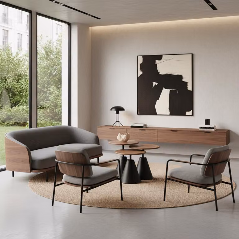 Tavolino da caffè rotondo, aspetto legno, nero, per soggiorno, design moderno ed elegante, confortevole