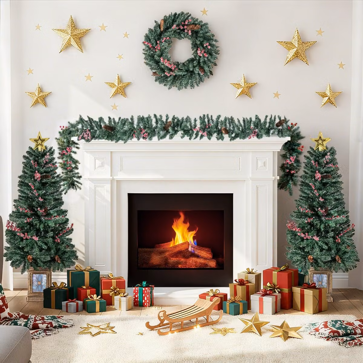 Set di 2 alberi di Natale artificiali realistici Costway con ghirlanda in vaso, decorazioni verdi per interno