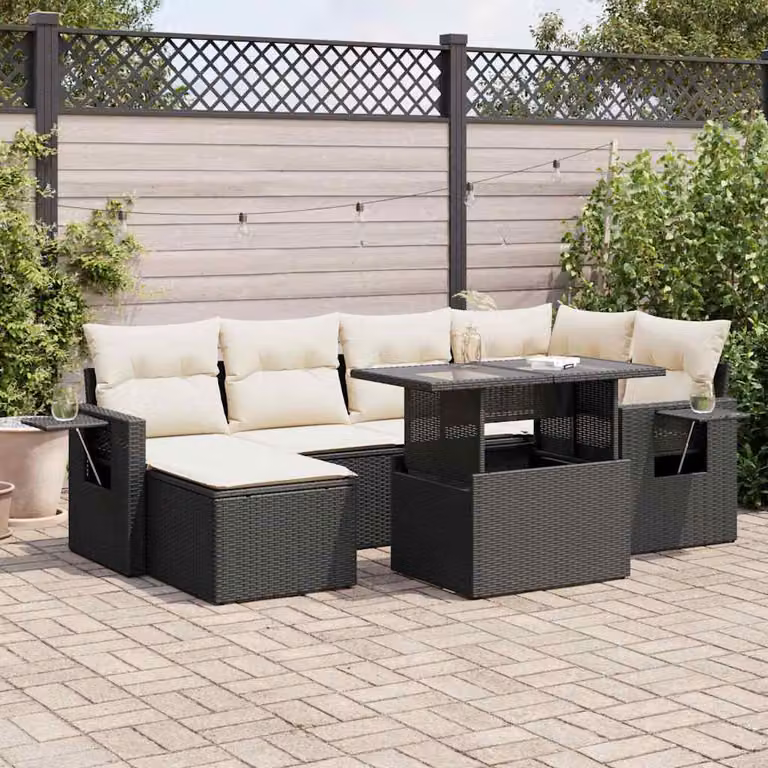 Set Divano da Giardino a L vidaXL in Polyrattan con 7 Pezzi, Colore Bianco e Nero, con Cuscini e Tavolino da Esterno