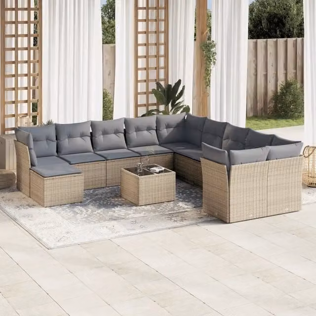 vidaXL Set di Divani da Giardino a Forma di U in Polyrattan con Cuscini Beige e Grigio e Tavolino da Esterno
