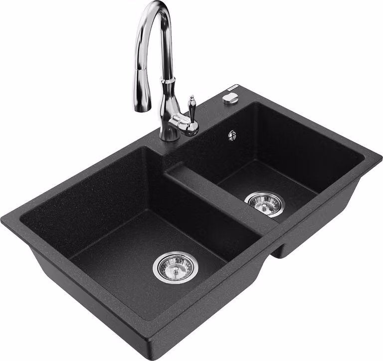 Mexen Tomas lavello in granito a 2 vasche con miscelatore cucina Savita, nero/metallico argento - 6516-73-672601-00