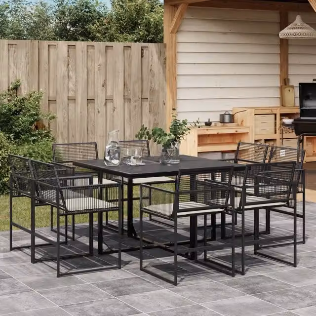 Set da Pranzo da Giardino 9 pz con Cuscini Nero in Polyrattan 3295013