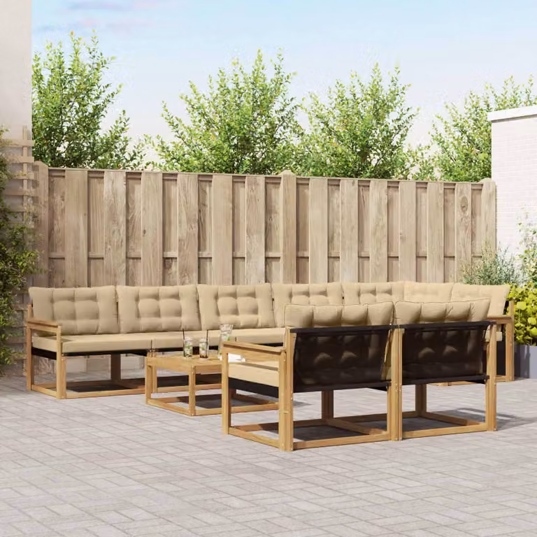 Set di divani da esterno moderno vidaXL in legno di acacia e textilene, 9 pezzi, Bianco, Beige e Marrone