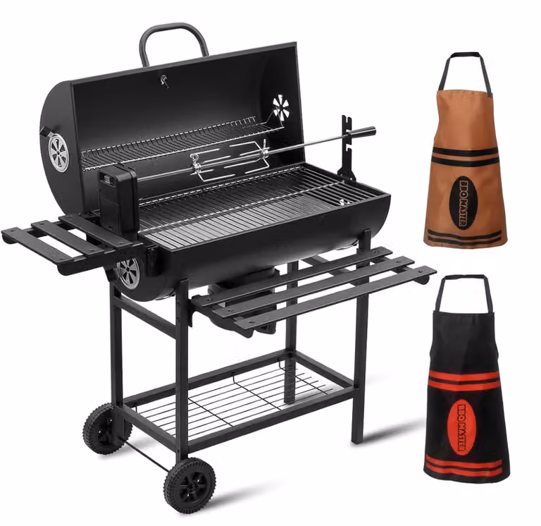 Barbecue a carbone con coperchio, termometro, vassoio per la brace e ventilazione regolabile, inclusi 2 grembiuli