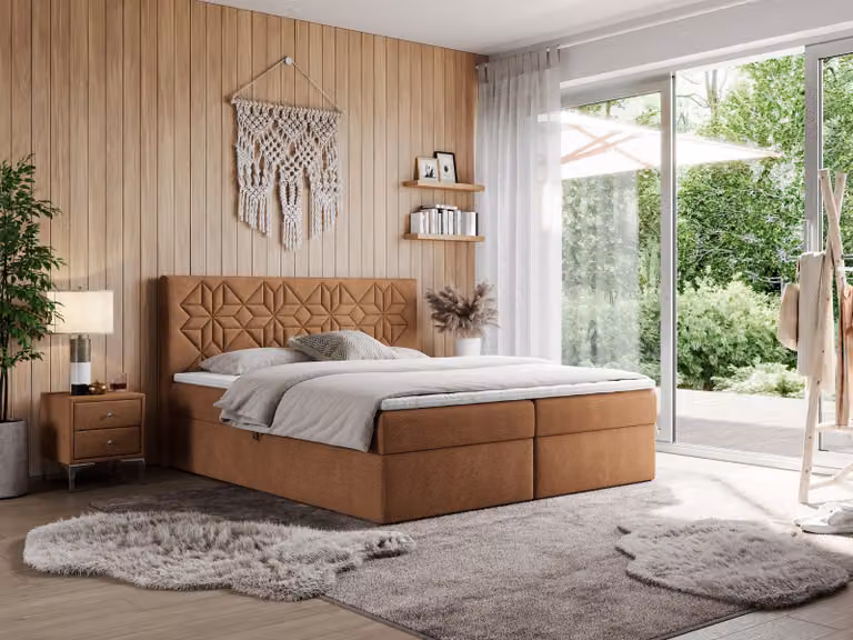 Letto matrimoniale con boxspring MKS MEBLE, 180x200 cm, completo di materasso H3, contenitore e topper. Letto imbottito 180x200 cm con testiera - modello Leila - struttura arancione - materasso H3