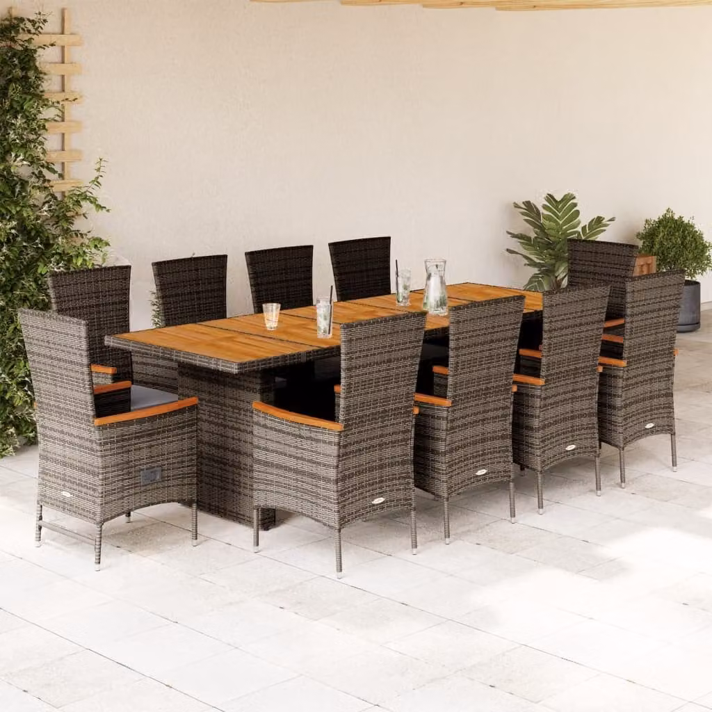 Set da pranzo da giardino vidaXL in polyrattan e legno di acacia con 11 pezzi e cuscini grigi e neri