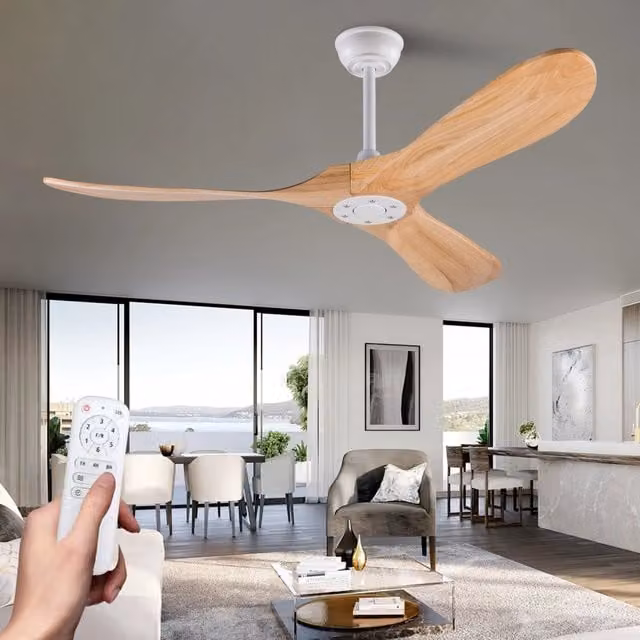 Ventilatore a soffitto Minimal con 3 pale in legno, design a elica, con telecomando e timer, per interno ed esterno, bianco o marrone, Diametro: 132 cm