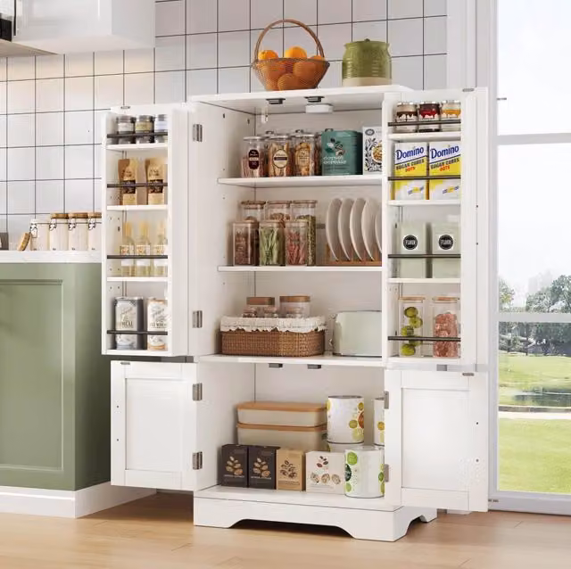 Credenza alta moderna MODFU in MDF bianco opaco con illuminazione integrata e ante a battente L/P/H: 120 x 60 x 40 cm