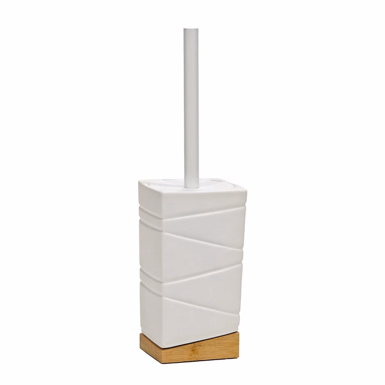 Vestiamo Casa Portascopino con Scopino in Ceramica Bianca e Bamboo Design Geometrico H: 32 cm, L: 11 cm, P: 11 cm