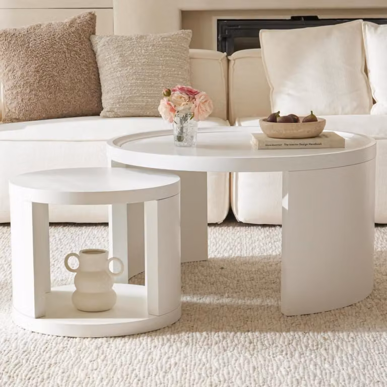 Set di tavolini da caffè rotondi, composto da 2 pezzi, diametro 80/46 cm, colore bianco, con bordo rialzato