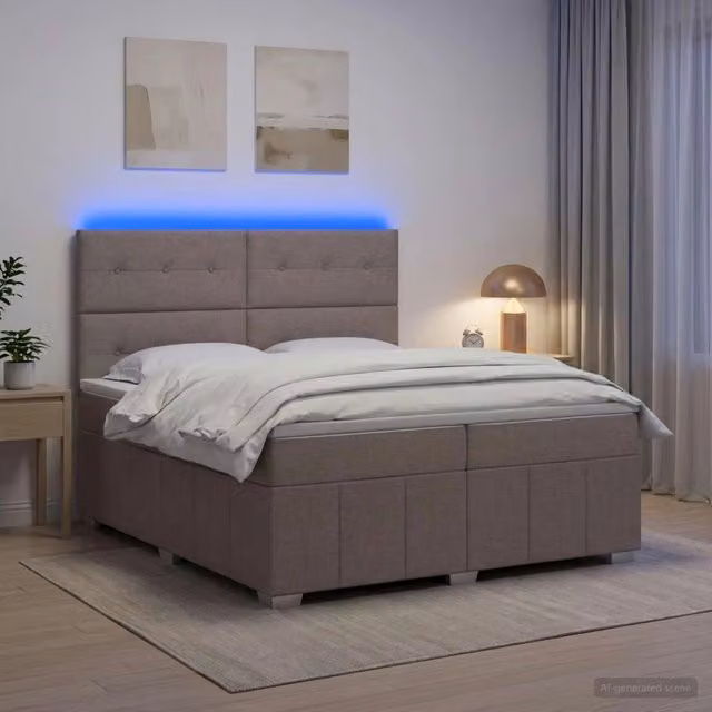 Letto Box Spring vidaXL con Materasso a Molle Pocket e Illuminazione LED sotto il letto, Colore Tortora, L/P/H: 200 x 200 x 140 cm – 1