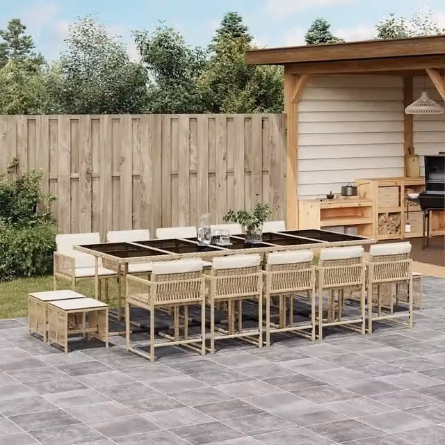 Set da pranzo da giardino vidaXL in polyrattan con cuscini beige e tavolo in vetro, 15 pezzi – 1