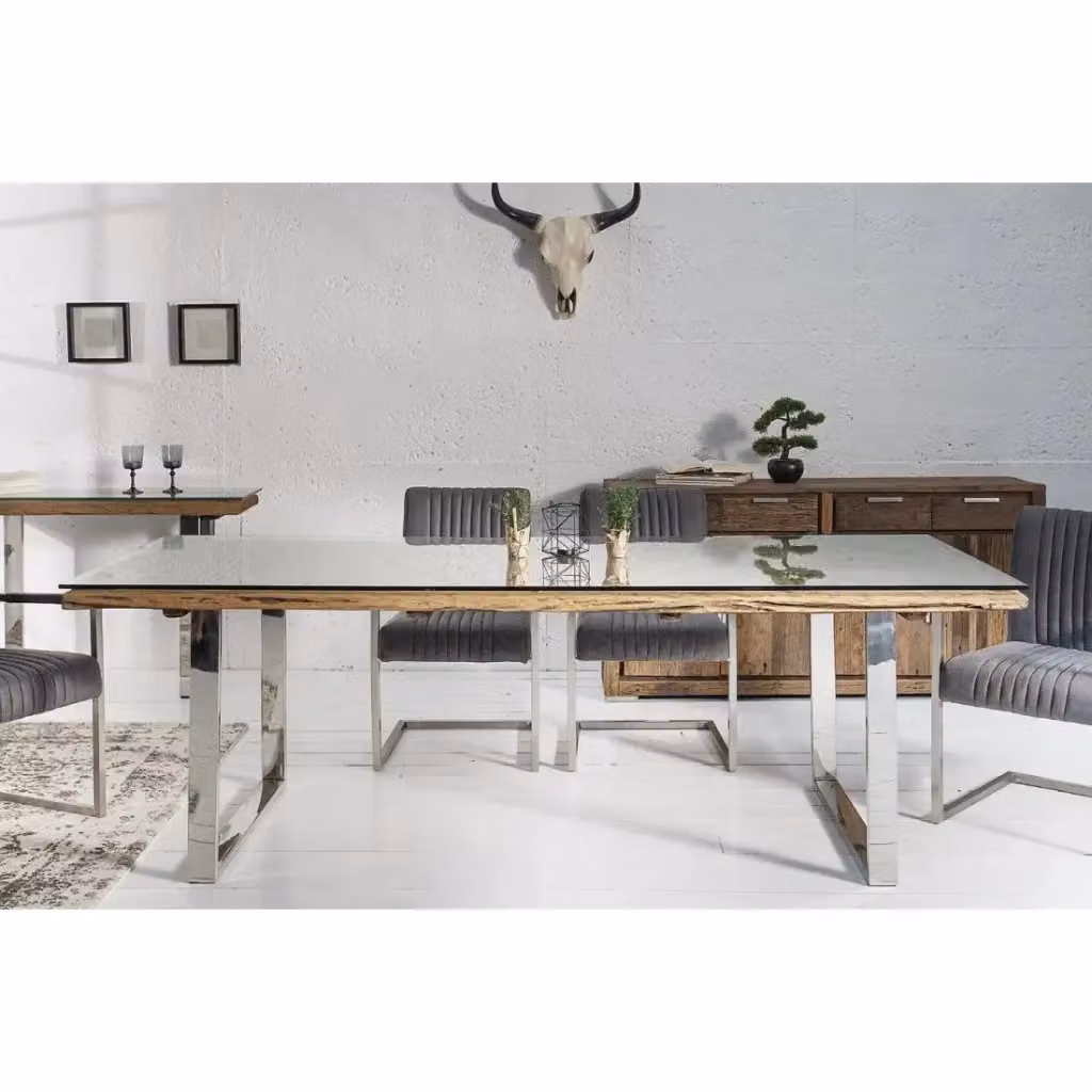 Tavolo da pranzo rettangolare MEUBLORAMA in teak, vetro e metallo, colore marrone e argento, L: 143 cm, P: 100 cm, H: 75 cm – 2