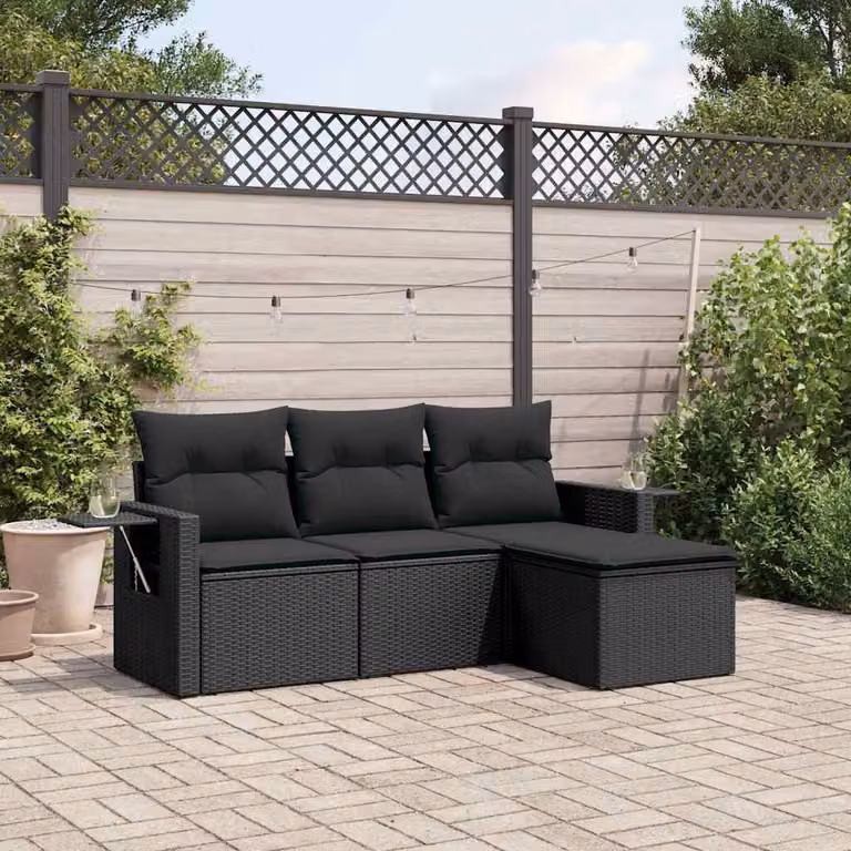 Set di Divani da Giardino vidaXL 4 Pezzi a Forma di L con Cuscini Nero in Polyrattan e Struttura in Acciaio