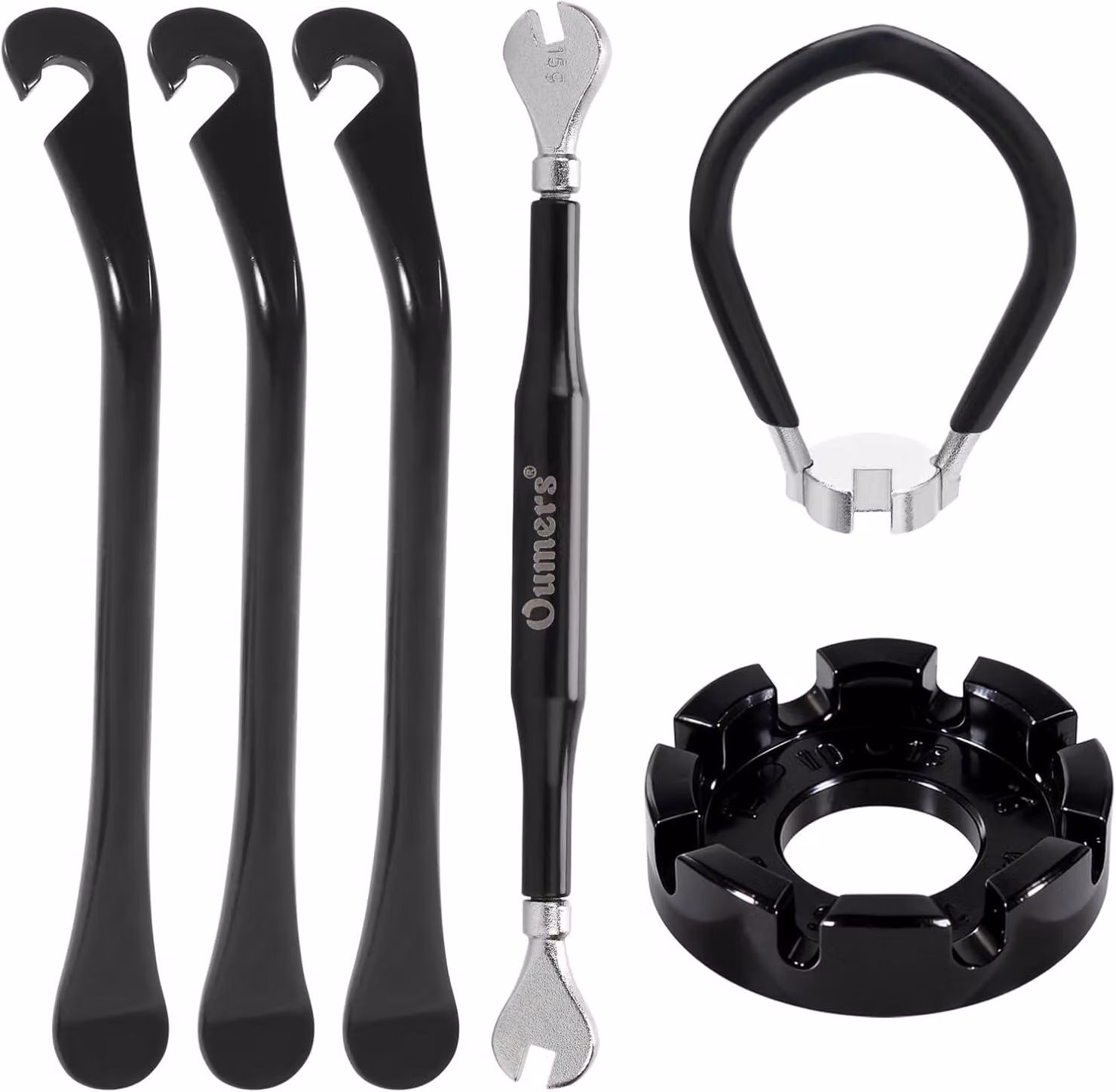 Set di strumenti per la riparazione di biciclette, composto da 7 pezzi: 3 chiavi per raggi, 3 leve per pneumatici, e un utensile per la sostituzione delle valvole