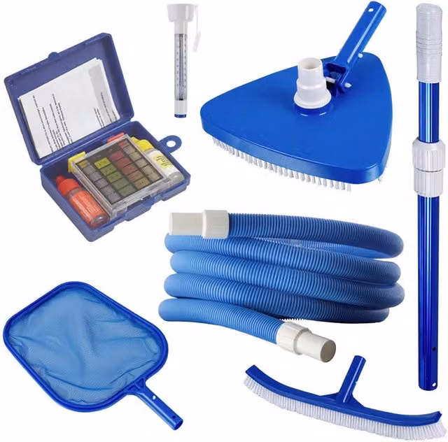 Kit di pulizia per piscine Bsvillage blu con asta telescopica da 7,0 m e kit analisi cloro, pH e temperatura