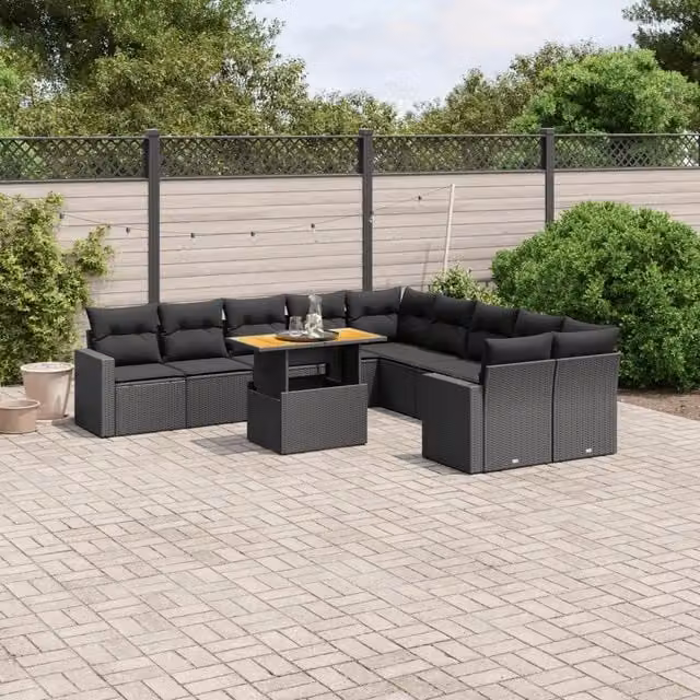 Set di Divani da Giardino VIDAXL in Polyrattan Nero con Cuscini, 11 Pezzi – 1