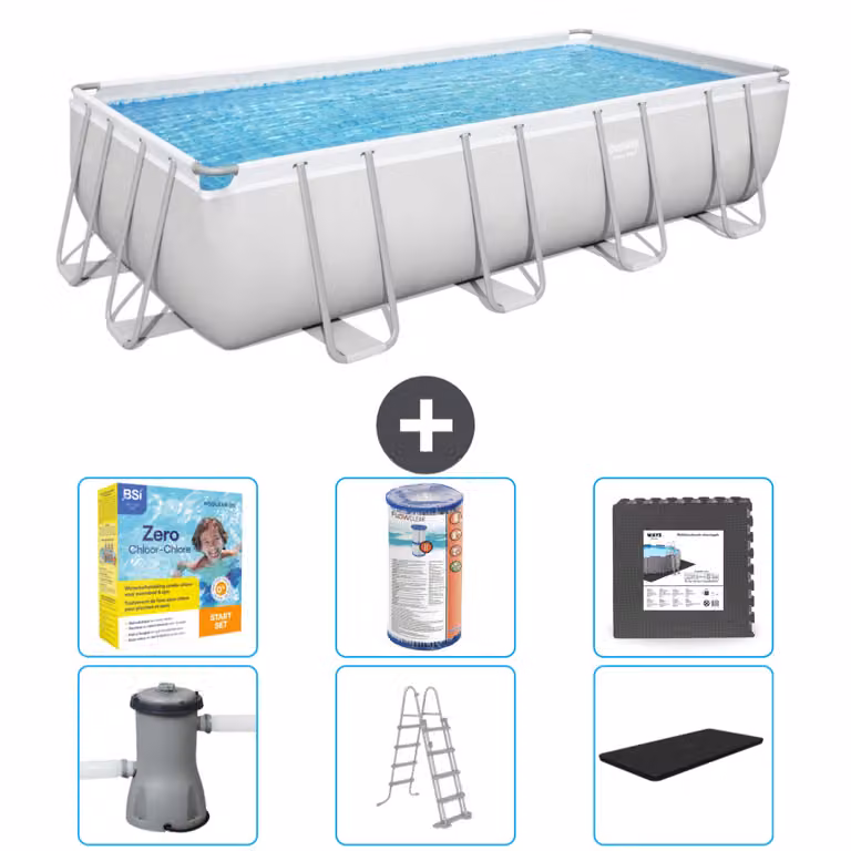 Piscina rettangolare Bestway Power Steel - 488 x 244 x 122 - Grigio, comprensiva di pompa - scala - pacchetto di manutenzione della copertura - filtro - piastrelle del pavimento