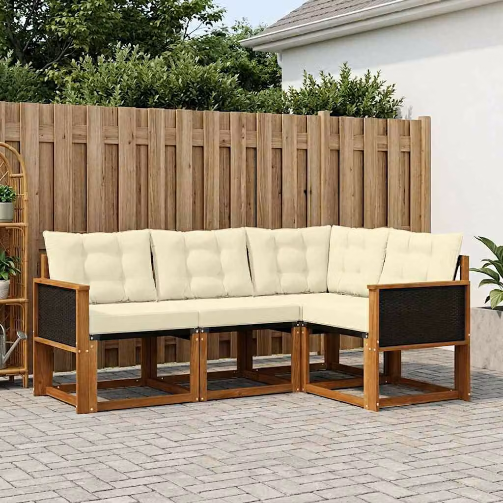 vidaXL Set di divani da esterno a L composto da 4 pezzi in legno di acacia con cuscini in tessuto beige e crema