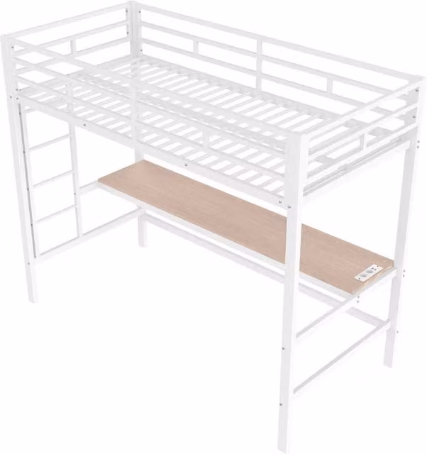 Letto a soppalco per bambini 90x200 cm in metallo bianco con scrivania, luce LED RGB controllata via app, prese USB e di alimentazione, con ringhiera e scala