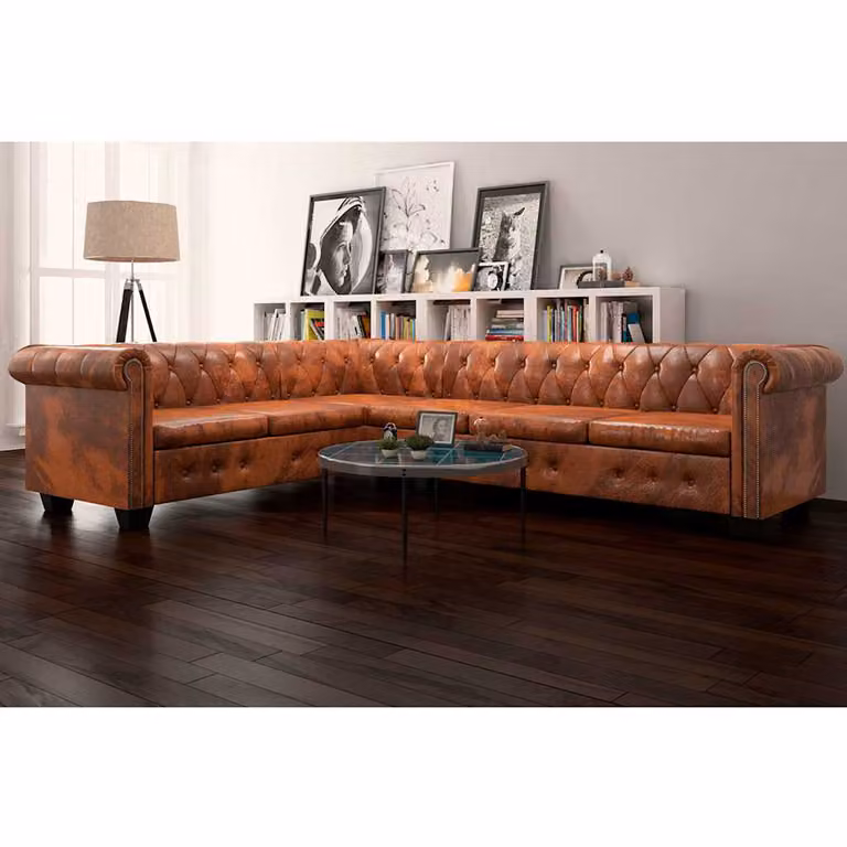vidaXL Divano Angolare Chesterfield 6 Posti in Pelle Sintetica Marrone