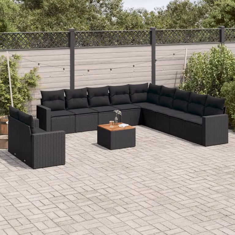 vidaXL Set Divani da Giardino a Forma di U in Polyrattan Nero con Cuscini e Tavolino da Esterno