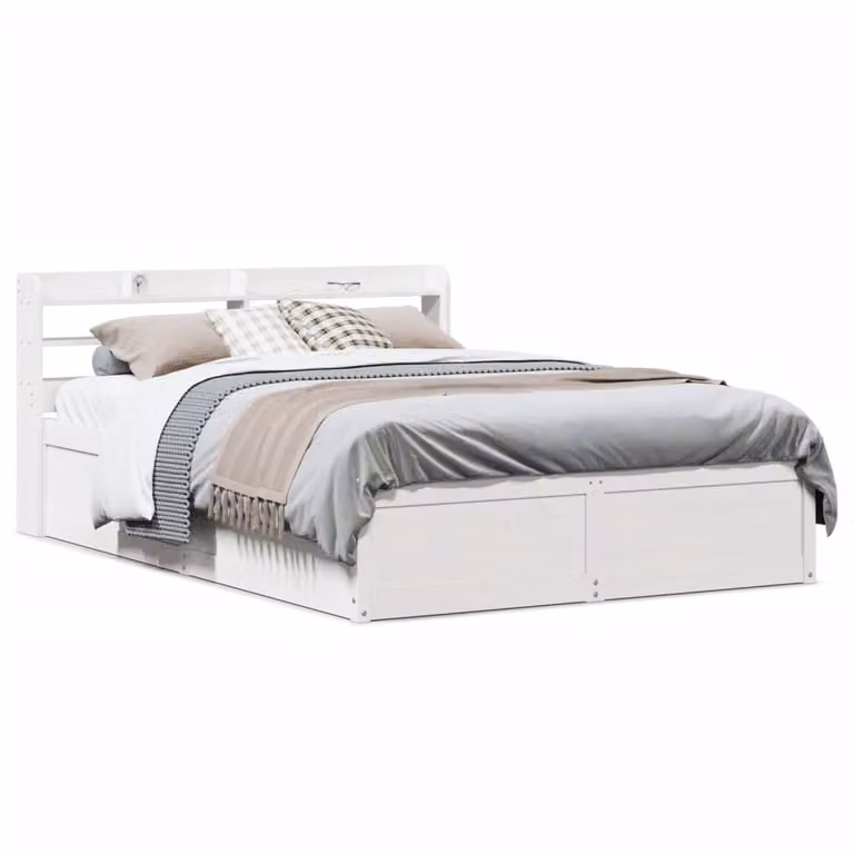 vidaXL Letto con Testiera e Ripiani Laterali in Legno di Pino Bianco Lacquered L: 145 cm, P: 209 cm, H: 82 cm