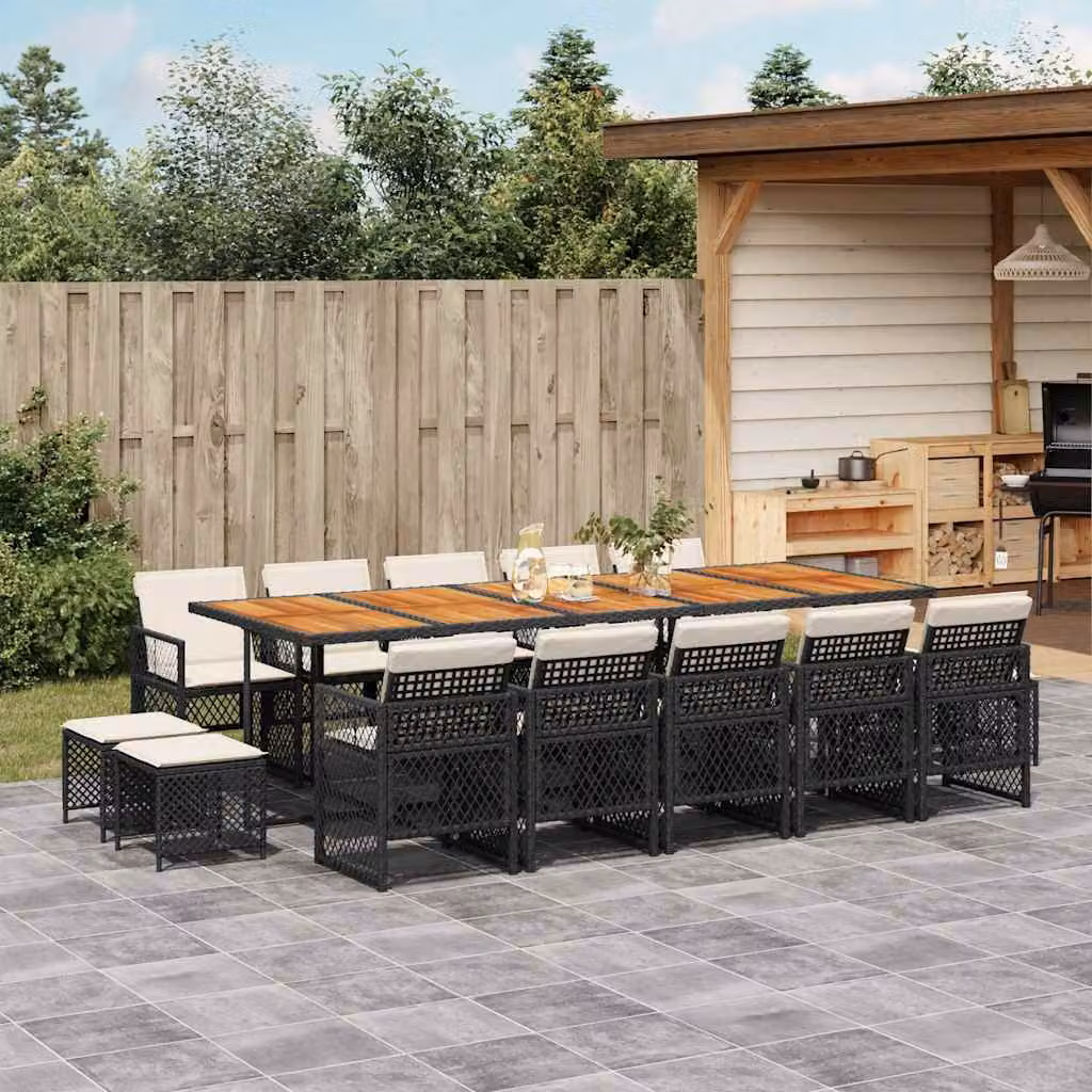 vidaXL Set da Pranzo da Giardino 15 pz in Polyrattan con Cuscini e Tavolo in Legno di Acacia Nero e Bianco – 1