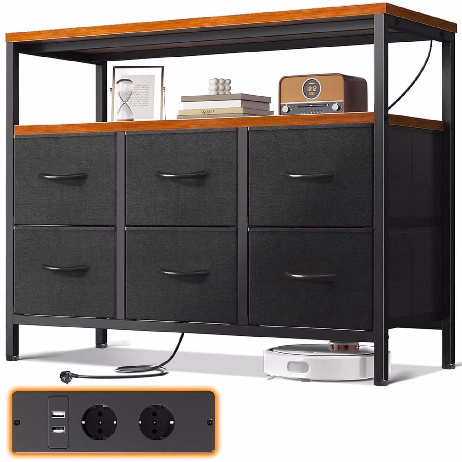 Comodino con 6 cassetti rivestiti in tessuto, 2 prese di corrente, 2 porte USB, stile vintage, dimensioni 100x30x85,2 cm