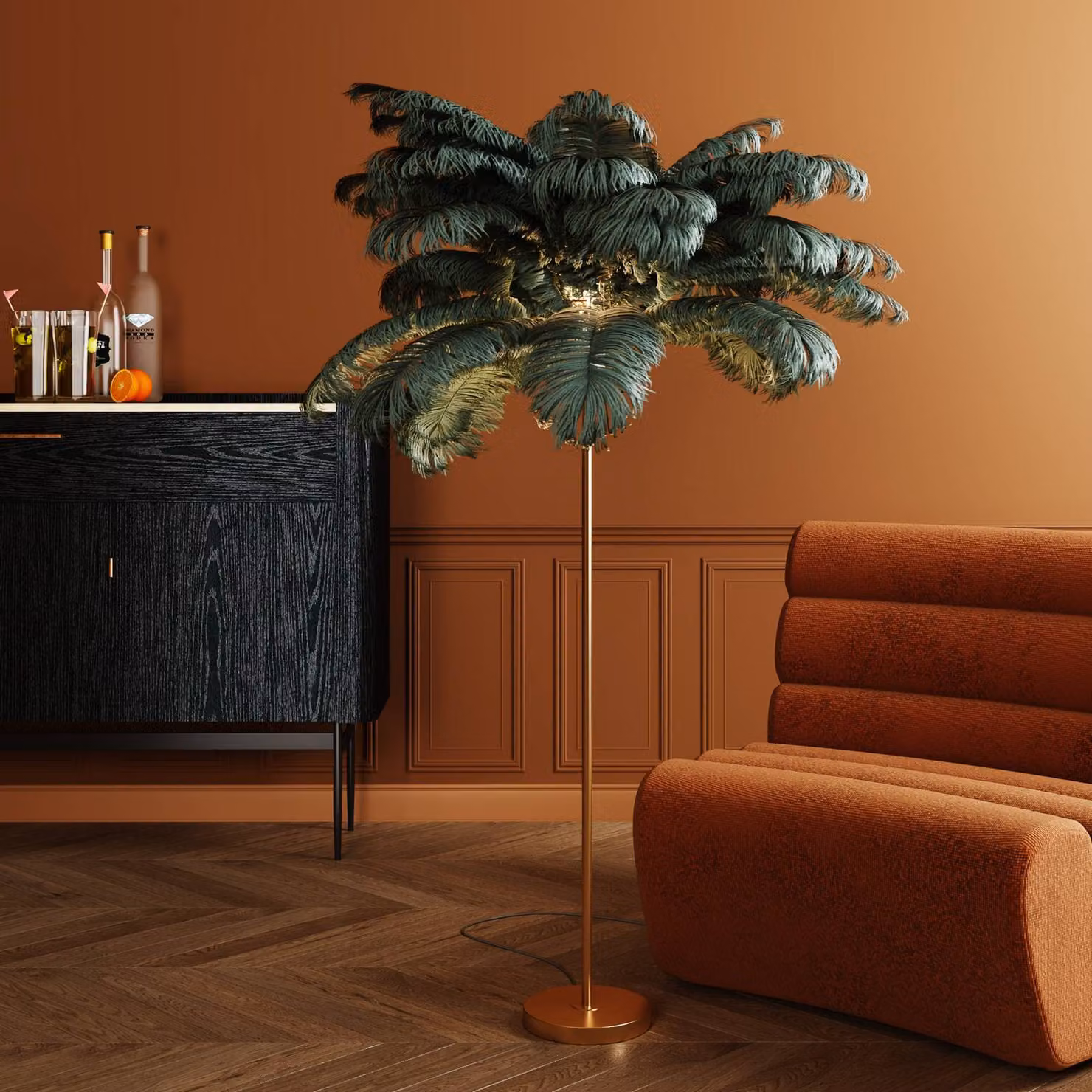KARE Lampada da terra di design Feather Palm, Ottone / Oro, Soggiorno / Sala da pranzo, Metallo, Design, Lampada da terra