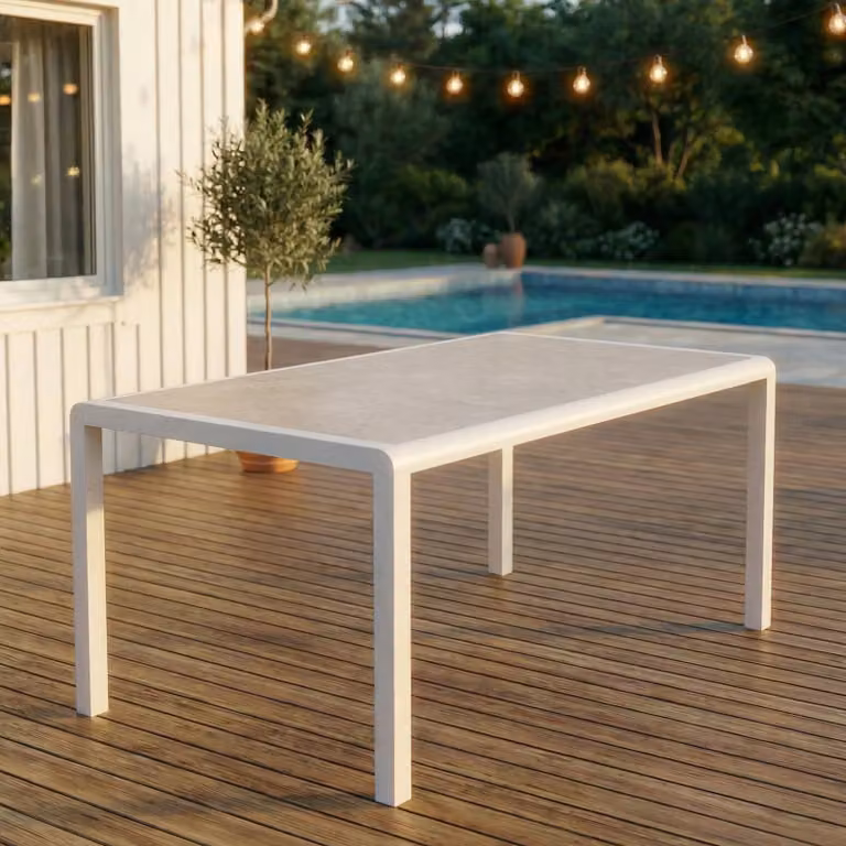 Tavolo da giardino TRAPANI, 160x90 cm, bianco - Tavolo da terrazzo con piano in vetro temperato effetto pietra, struttura in alluminio, facile da pulire e resistente agli agenti atmosferici, adatto per 6 persone