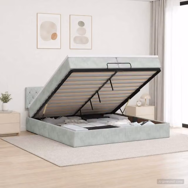 Letto matrimoniale con contenitore a sollevamento vidaXL in velluto grigio L: 200 cm, P: 200 cm, H: 203 cm