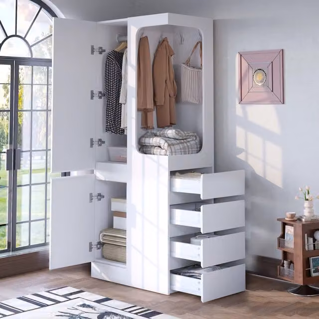 Armadio ¨C Minimal ¨C Bianco 70x40x170 cm con cassetti e riposti appendiabiti