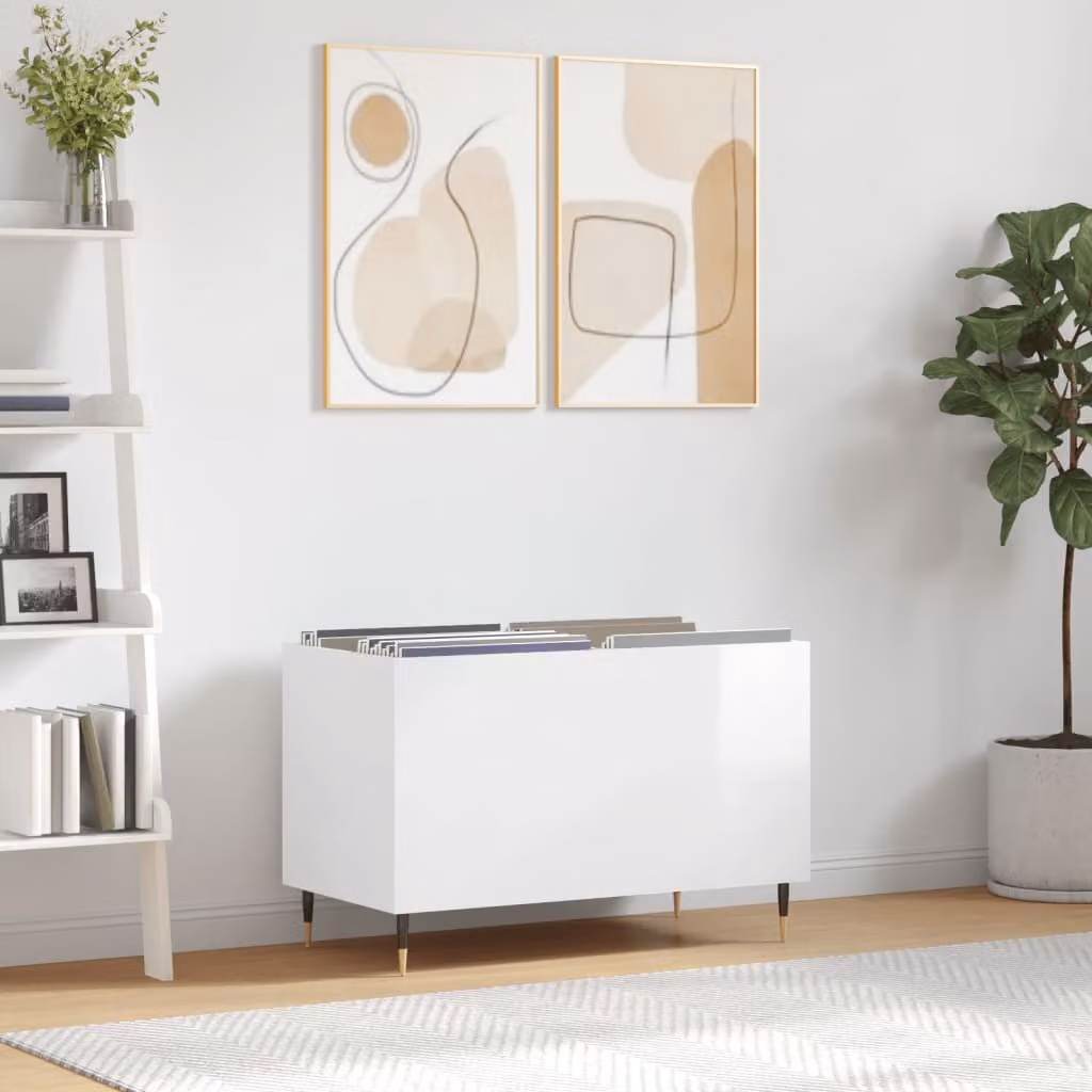 vidaXL Mobile Porta Dischi Bianco Lucido in Legno e Metallo L 74,5 cm x P 38 cm x H 48 cm