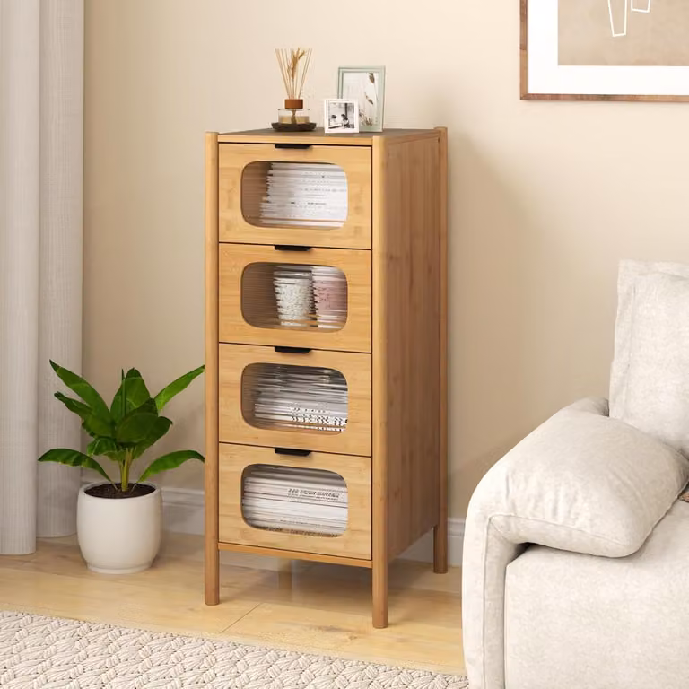 Mobile di stoccaggio Costway in bambù con 4 cassetti in vetro temperato, colore naturale beige e marrone