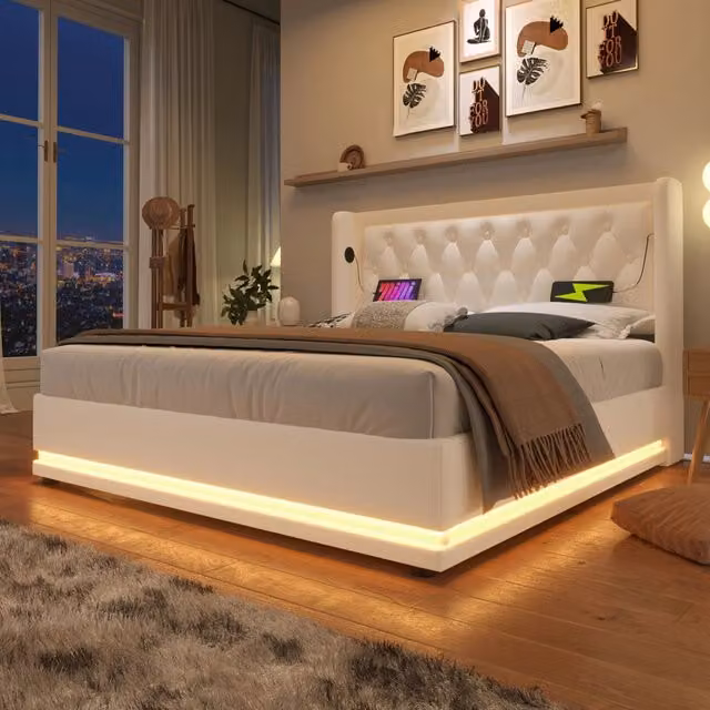 Letto contenitore matrimoniale 160x200 cm; testiera con USB Type-C e LED; PU bianco (Senza materasso)