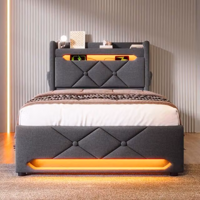 Letto singolo contenitore 90x200 cm con LED 360°; USB; USB-C; sollevamento idraulico e testiera portaoggetti; lino grigio