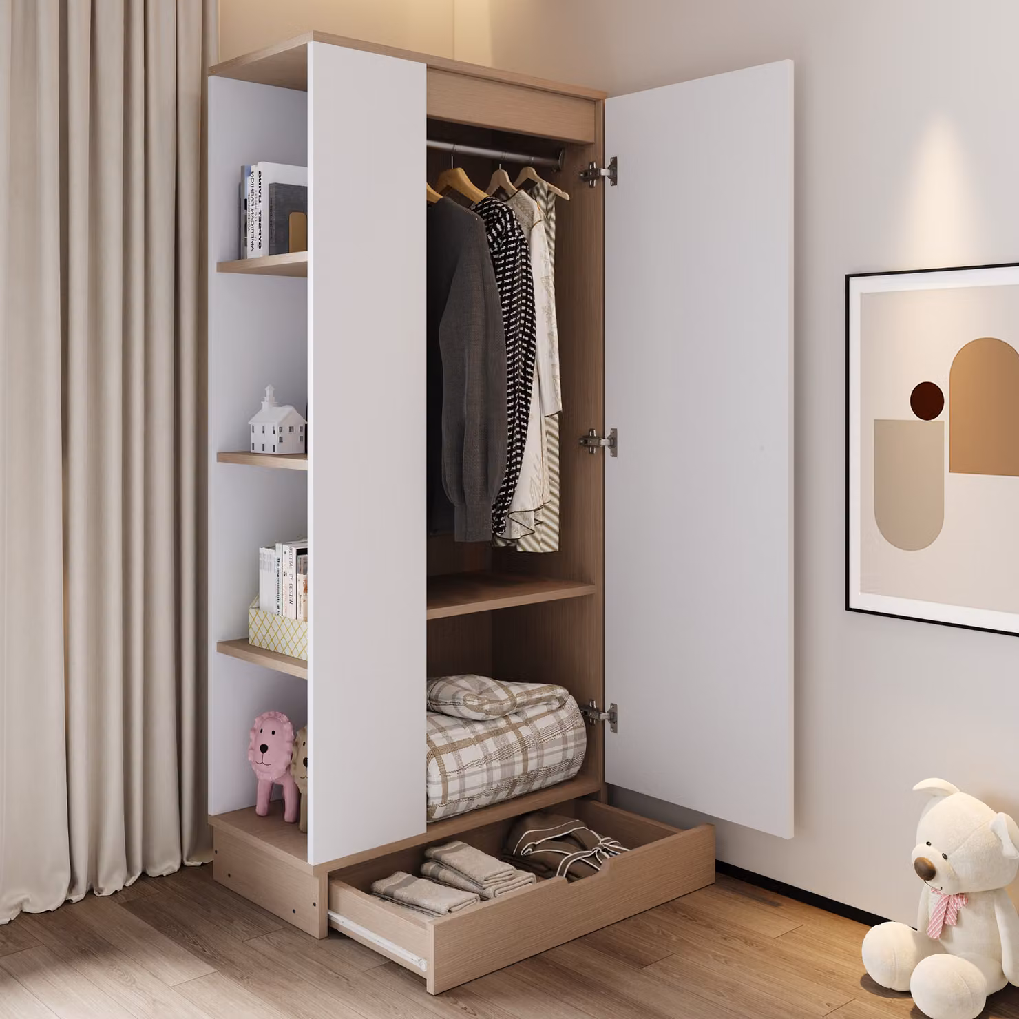 MODFU Armadio, spazio contenitivo 70×40×170 cm, design asimmetrico, ampia capienza, con cassetti e ripiani, bianco