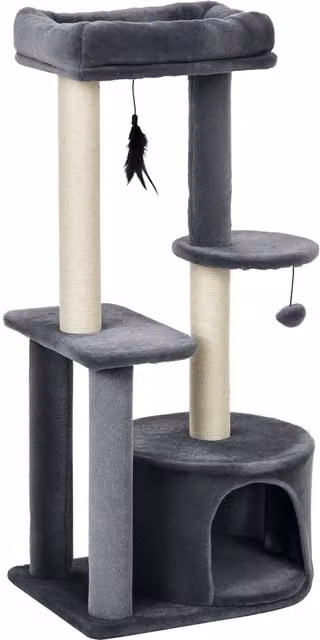Albero Tiragraffi per Gatti PawHut Aosom con Cuccia, Colonna in Sisal e Giocattoli Integrati, Grigio e Bianco, Altezza: 147 cm