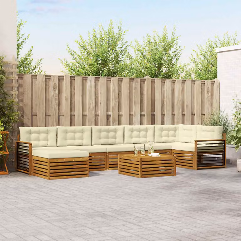 Set di divani da esterno vidaXL 8 pz in legno di acacia con cuscini beige e bianco per giardino e terrazzo