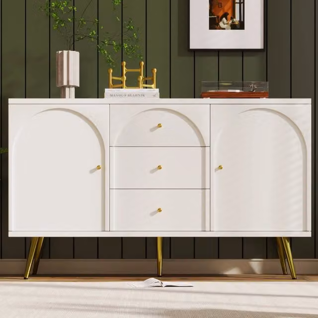 Credenza ULEVR 140x40x84 cm con 2 ante, 3 cassetti e ripiani regolabili, bianco crema