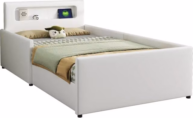 Letto 90x200 cm - Letto imbottito,Con luce notturna,Porta di ricarica USB,Con vani portaoggetti,Bianco